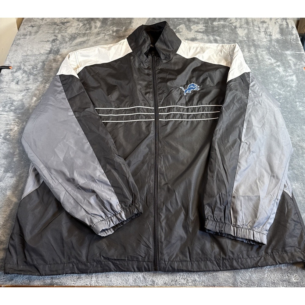 Vintage Reebok Detroit Lions NFL Windbreaker Jacket Full Zip 2XL Black Blue Y2K